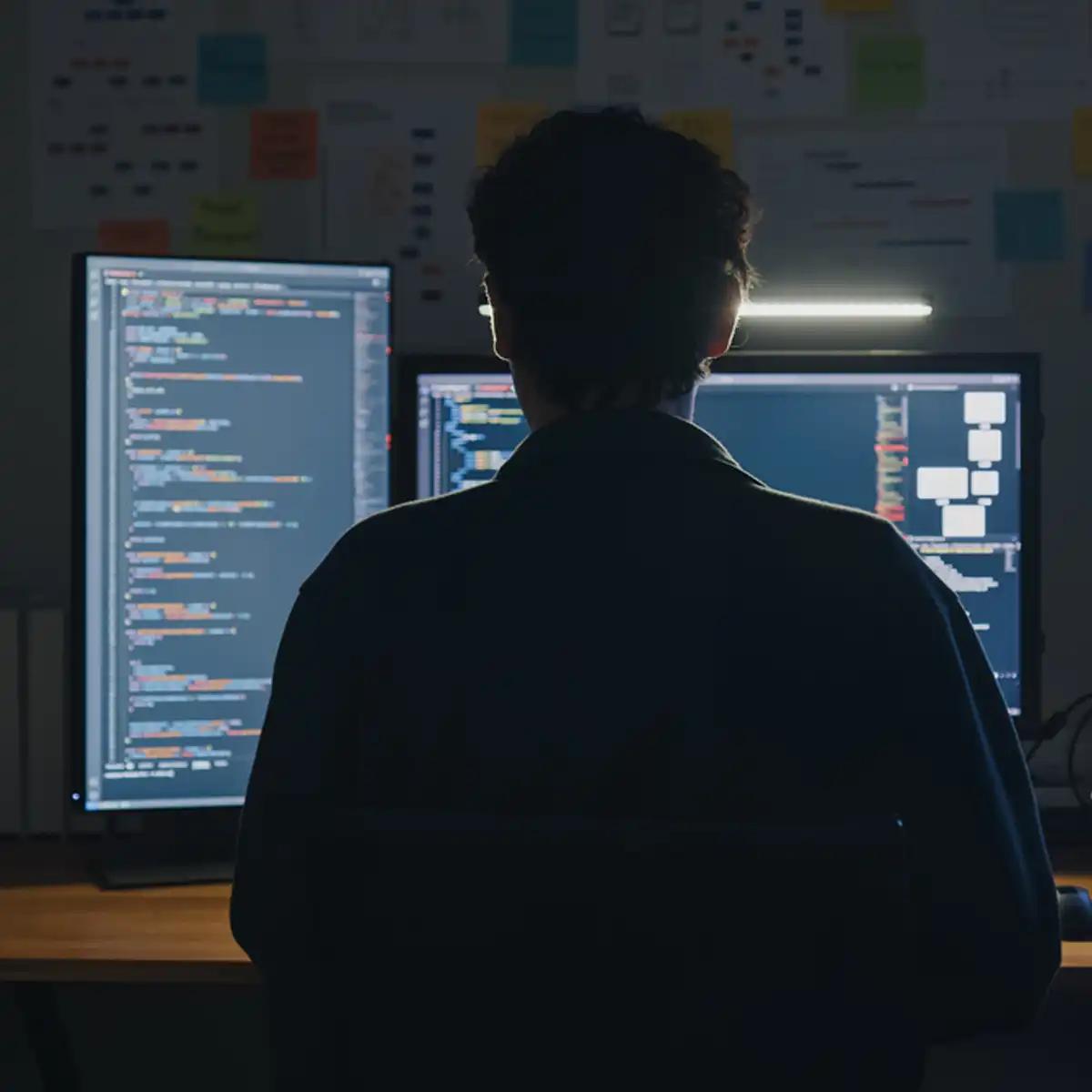 Person working at two monitors.